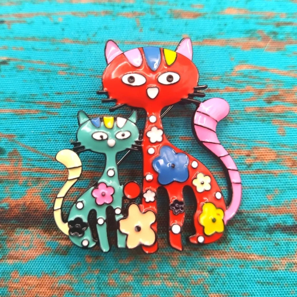 New Colorful Mom & Kitten Enamel Cat Brooch